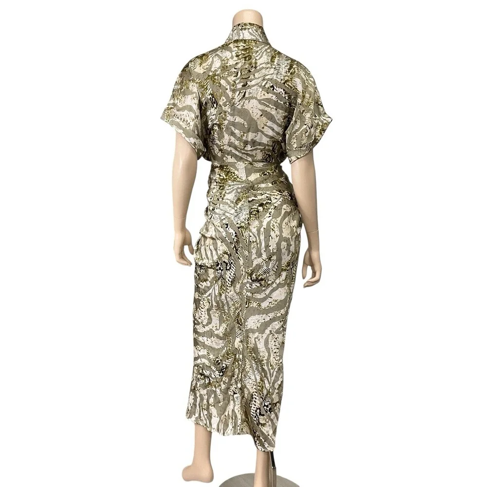 Mable Dress Small Women Green Print Short Sleeve Button Front Collared Midi